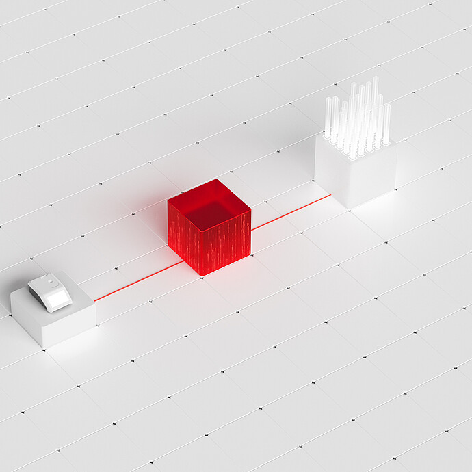 Abstract illustration of DMA, Abbemat, and Lovis desktop software showing a red central data block linking two lab devices on a tiled grid.