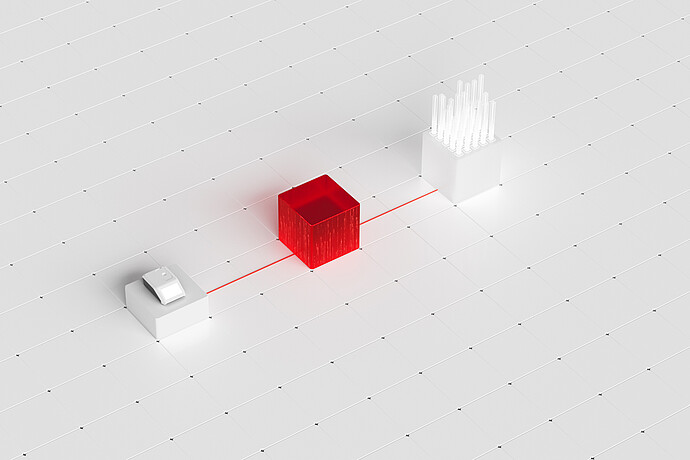 Abstract illustration of DMA, Abbemat, and Lovis desktop software showing a red central data block linking two lab devices on a tiled grid.