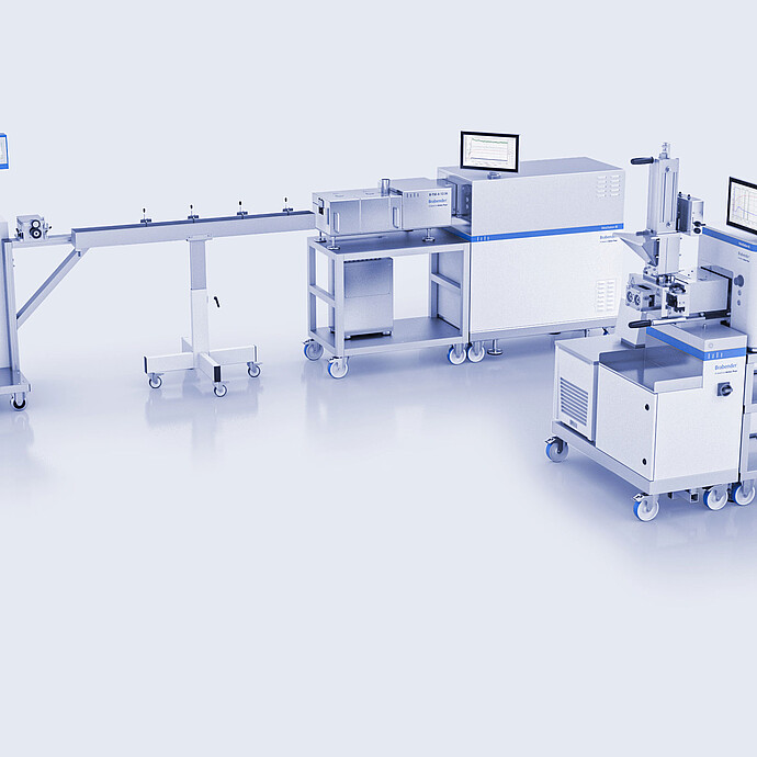 TwinLab Series with Brabender B-TSE-A 12/36 twin-screw extruder, MetaStation units, downstream line and monitors in a studio setup.