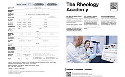 Two-page Anton Paar brochure preview showing rheometer comparison table and Rheology Academy training promotion with lab scene.