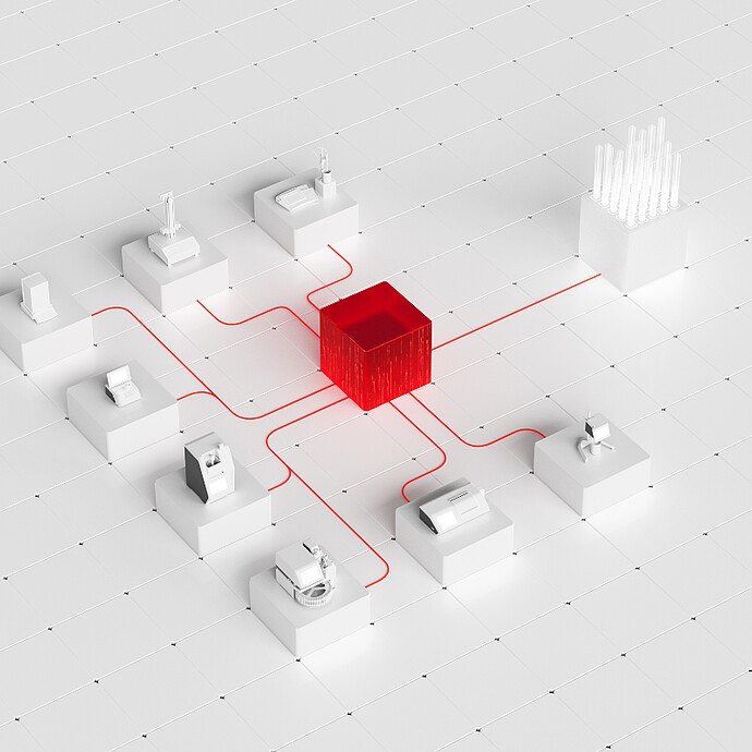 AP Connect shown as a red central cube linking multiple stylized Anton Paar instruments on a white grid