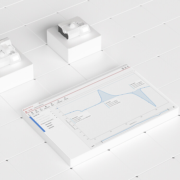 Julia Suite analysis screen with a blue measurement curve and two connected lab instruments on a white tiled surface