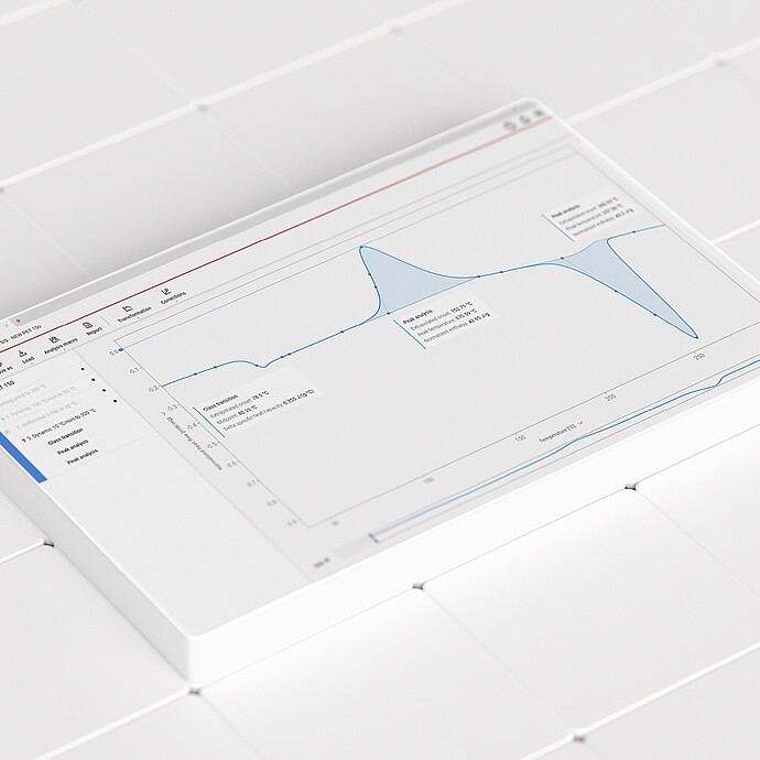 Julia Suite analysis screen with a blue measurement curve and two connected lab instruments on a white tiled surface