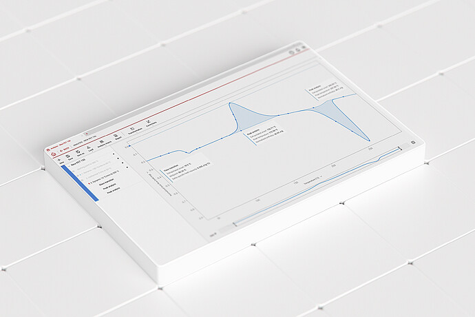 Julia Suite analysis screen with a blue measurement curve and two connected lab instruments on a white tiled surface