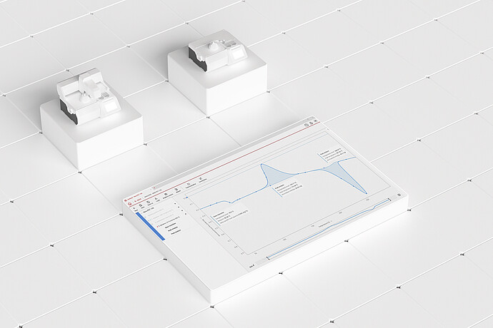 Julia Suite analysis screen with a blue measurement curve and two connected lab instruments on a white tiled surface