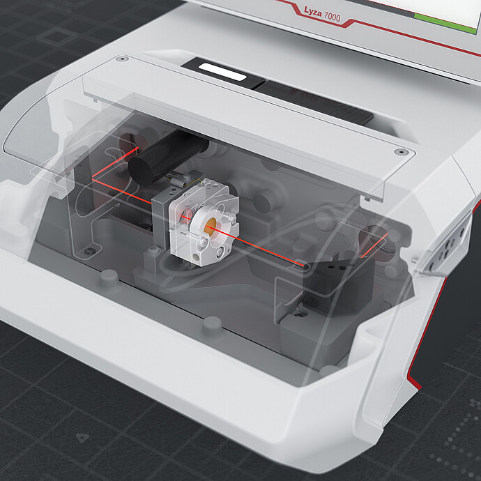 Cutaway illustration of the Anton Paar Lyza 7000 FTIR spectrometer with TRA ZnSe cell and red infrared beam path.
