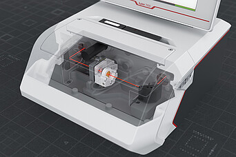 Cutaway illustration of the Anton Paar Lyza 7000 FTIR spectrometer with TRA ZnSe cell and red infrared beam path.