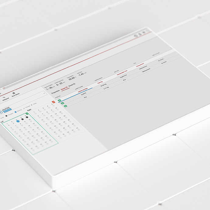 Julia Suite software interface showing a 96-well plate layout and measurement table on a white tiled surface