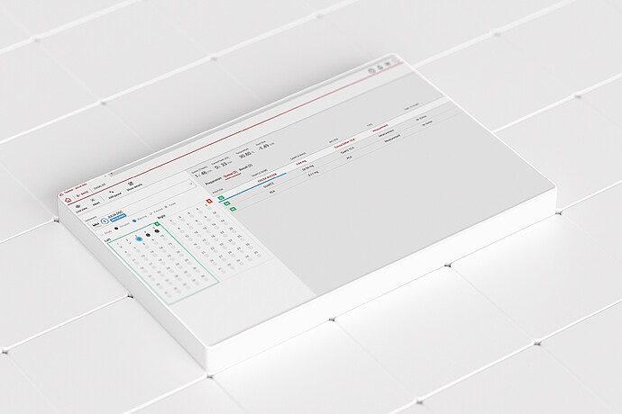 Julia Suite software interface showing a 96-well plate layout and measurement table on a white tiled surface