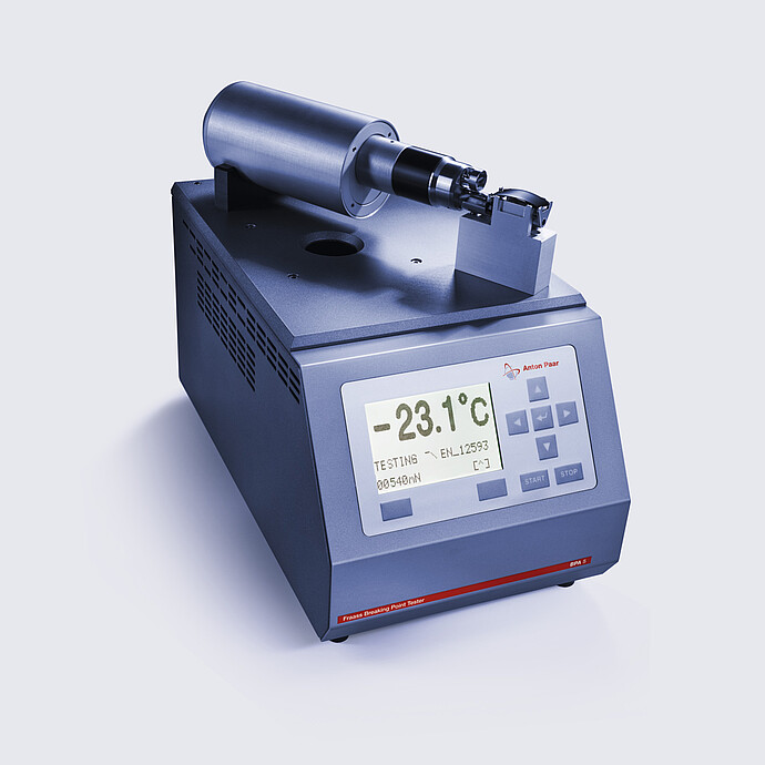 Anton Paar BPA 5 Fraass Breaking Point Tester with digital display showing –23.1 °C and mounted clamp for automated bitumen cracking point analysis.