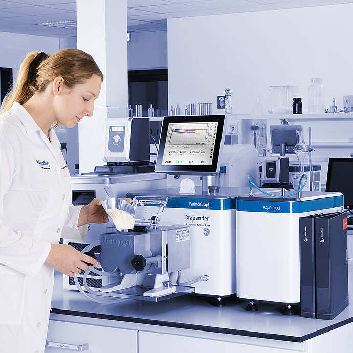 Technician loading flour into Brabender FarinoGraph with Aquinject and monitor displaying mixing curve, laboratory environment with analytical equipment