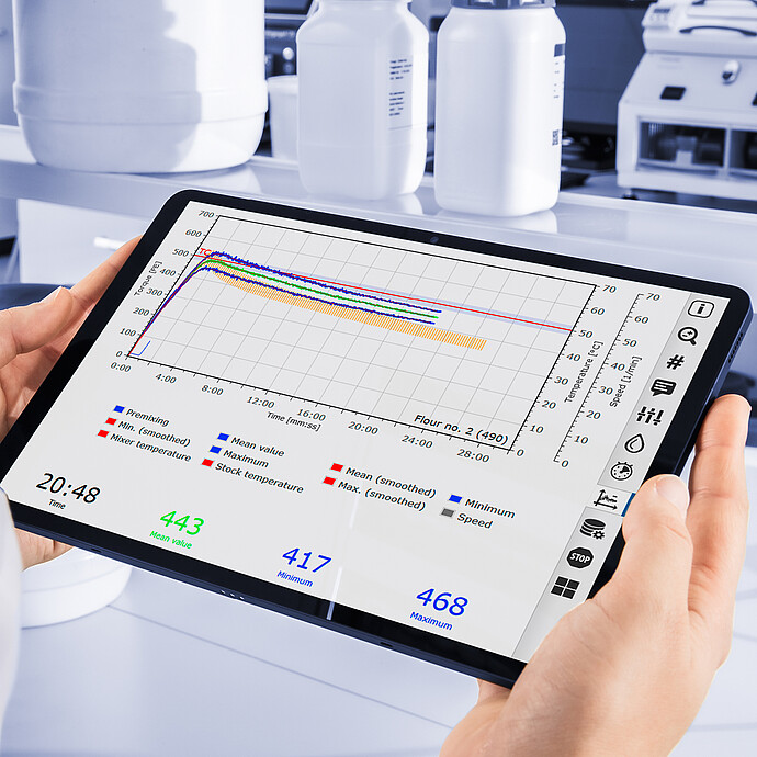 Person holding tablet displaying dough mixing curves and temperature data from Brabender FarinoGraph, laboratory background with sample containers