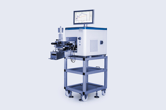 Brabender MetaStation 4E modular torque rheometer with front test module and graph display, mounted on a wheeled laboratory stand.