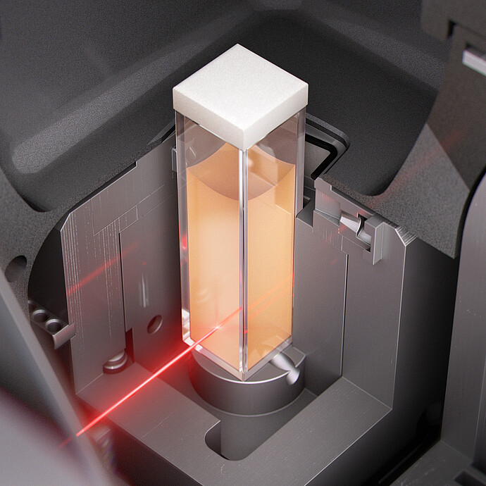 Close-up rendering of a cuvette with liquid sample inside the Anton Paar Litesizer DLS, illuminated by a red laser beam