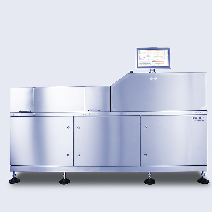 Brabender TwinLab B-TSE-S-30-40 twin-screw extruder with stainless steel housing and integrated touchscreen control panel on top