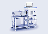 TwinLab Series with Brabender MetaStation 4E and B-TSE-A 12/36 twin-screw extruder on wheeled lab carts, monitor showing test curves.
