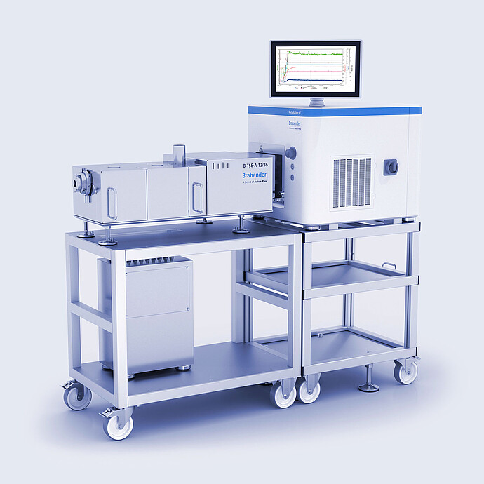 TwinLab Series with Brabender MetaStation 4E and B-TSE-A 12/36 twin-screw extruder on wheeled lab carts, monitor showing test curves.