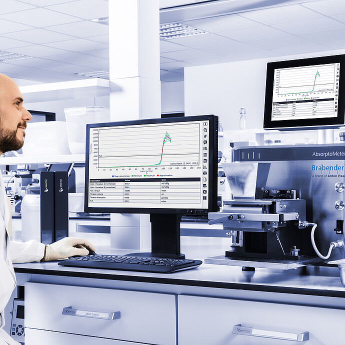 Brabender AbsorptoMeter on lab bench with open hopper and measuring chamber, operated via external monitor displaying torque curve, technician using keyboard