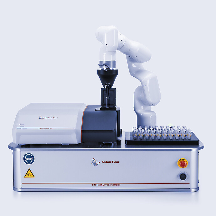 Litesizer DLS 701 nanoparticle analyzer integrated with Litesizer Cuvette Sampler, showing a robotic arm loading multiple sample cuvettes on an Anton Paar automation platform.