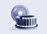 HVT Rotor with circular arrangement of sealed digestion vessels, removed lid positioned behind, and individual vessel components on a light background