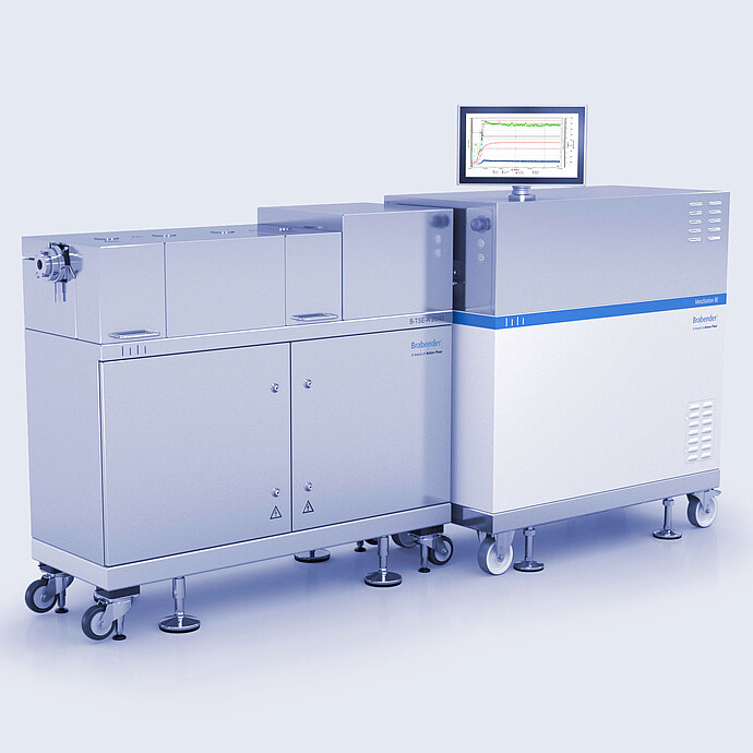 TwinLab Series with Brabender B-TSE-A 20/40 twin-screw extruder and MetaStation 8E, monitor showing test curves.