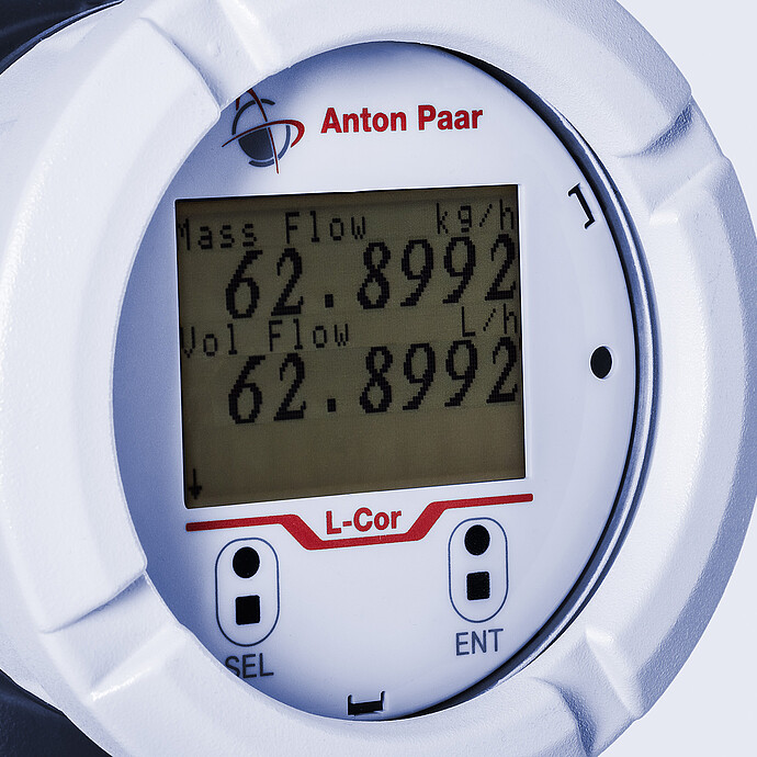 The Type U L-Cor 8000 Coriolis mass flow meter shown from the front