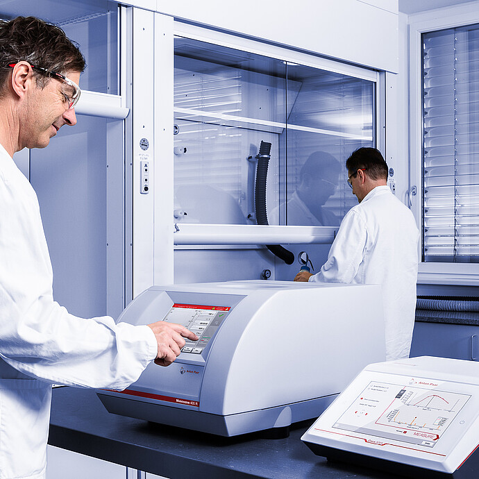 A scientist operates the Anton Paar Monowave 400 R microwave synthesis reactor via its touchscreen, while another scientist works in a laboratory fume hood. The Cora 5001 Raman spectrometer is positioned nearby, displaying molecular spectroscopy data on its screen.