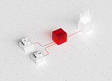 Julia Suite workflow with red data connections between lab instruments, a red central cube, and a sample rack on white tiles