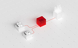 Julia Suite workflow with red data connections between lab instruments, a red central cube, and a sample rack on white tiles