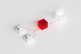 Julia Suite workflow with red data connections between lab instruments, a red central cube, and a sample rack on white tiles