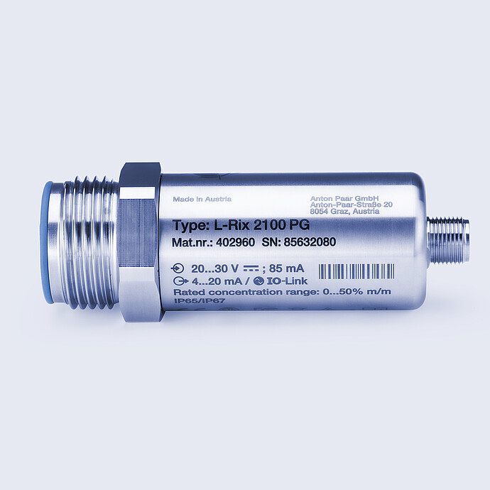 Inline refractometer sensor Anton Paar L-Rix 2100 PG with threaded process connections, stainless steel housing, and printed technical label