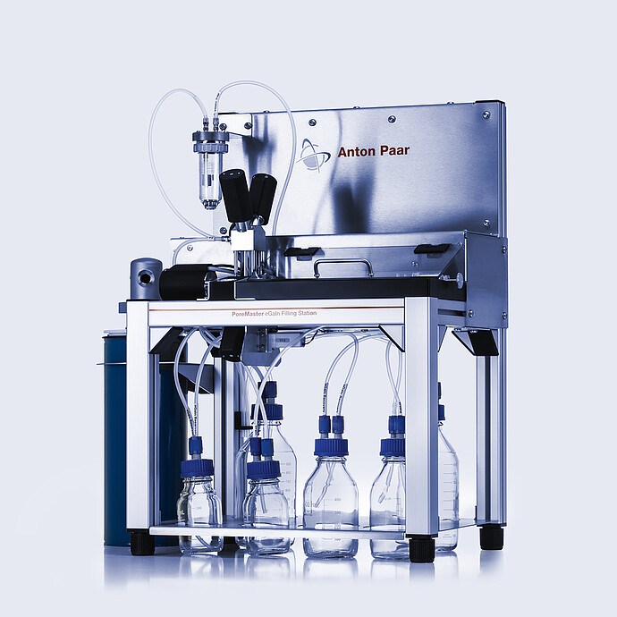 PoreMaster eGaIn Filling Station for mercury-free porosimetry, showing pressure vessel, valve system, and six reagent bottles with tubing for safe eGaIn handling and pore size analysis in lab environments.