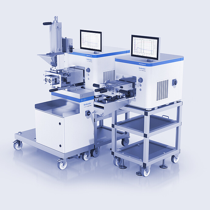 Brabender MetaStation 8E and MetaStation 4E modular torque rheometers with different test attachments, graph displays, and wheeled laboratory stands.