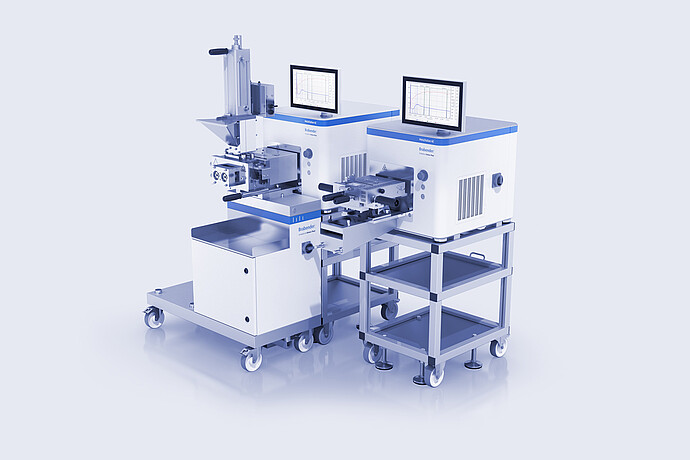 Brabender MetaStation 8E and MetaStation 4E modular torque rheometers with different test attachments, graph displays, and wheeled laboratory stands.
