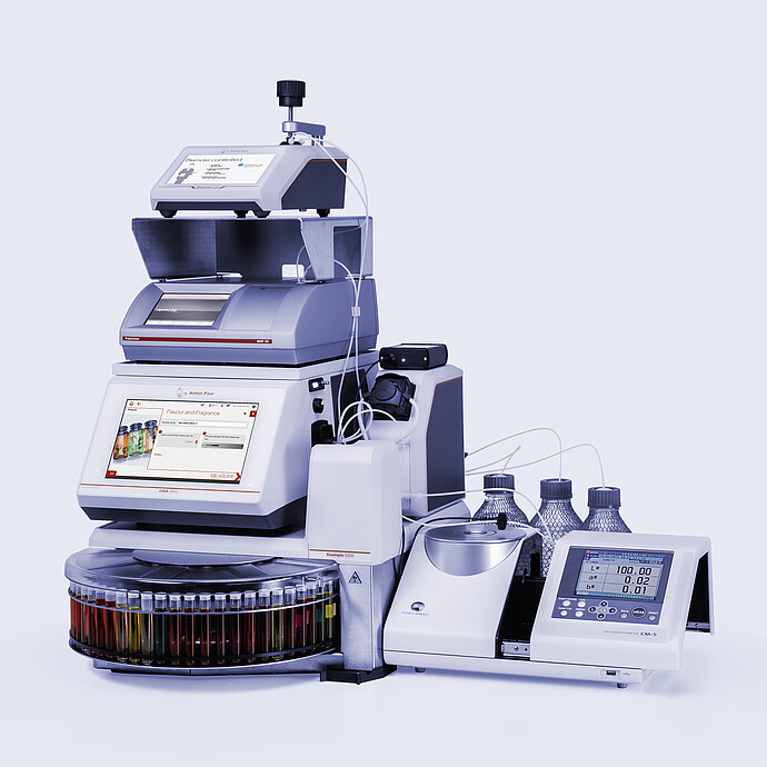 Anton Paar flavor and fragrance measurement system with DMA 5001, Xsample 5200, stacked modules, sample tubes, and CM-5 color meter