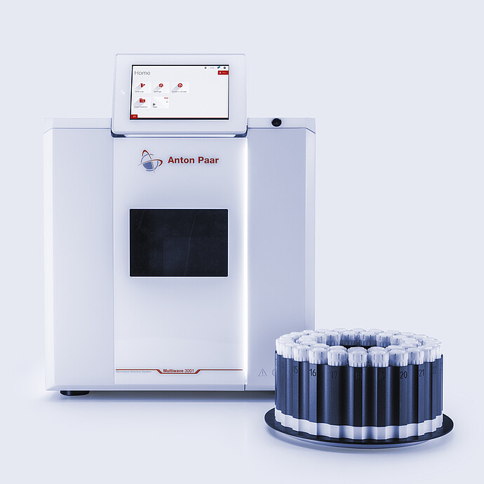 Anton Paar Multiwave 3001 microwave digestion system with touchscreen and HVT Rotor holding multiple sealed sample vessels on a light background