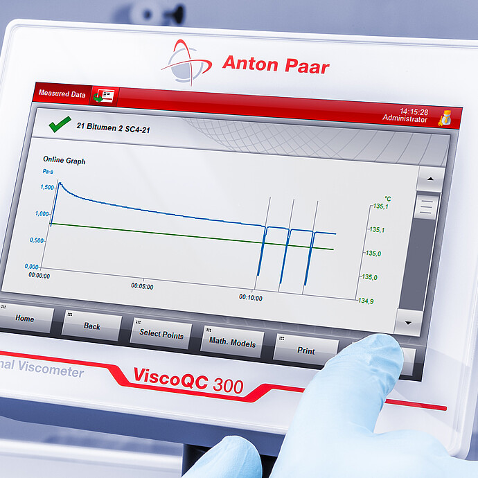 Angled close-up of the ViscoQC 300 touchscreen as a gloved finger taps Measured Data, showing a bitumen SC4-21 viscosity graph on a light blue lab background