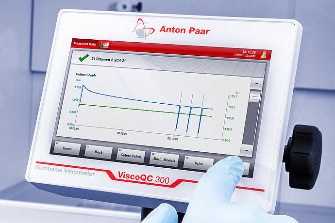 Angled close-up of the ViscoQC 300 touchscreen as a gloved finger taps Measured Data, showing a bitumen SC4-21 viscosity graph on a light blue lab background