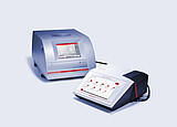 Anton Paar Monowave 400 R microwave synthesis reactor (left) and Cora 5001 Raman spectrometer (right) shown together. The Monowave 400 R features a touchscreen interface for reaction control, while the Cora 5001 provides molecular spectroscopy analysis in real-time.