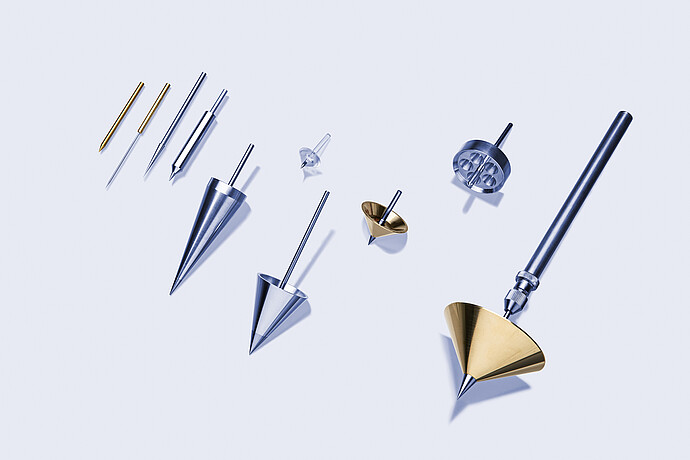 Selection of penetration probes for Anton Paar Penetrometer PNR 500, including needles, metal cones, brass cones, and special test bodies.