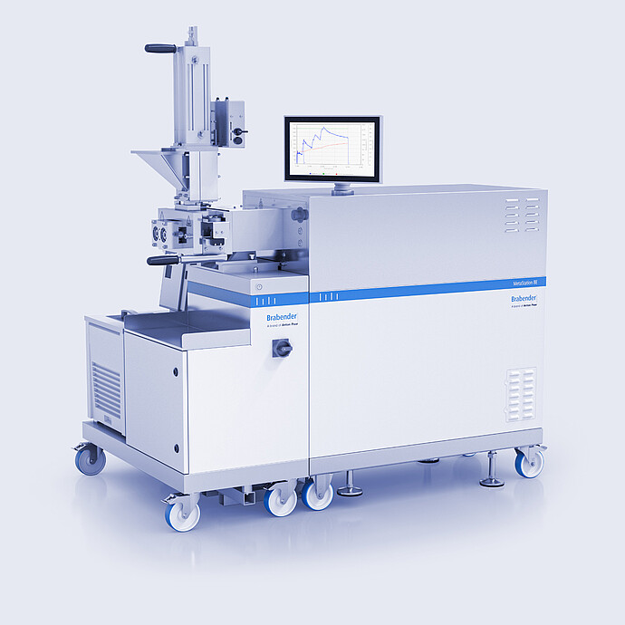 Brabender MetaStation 8E modular torque rheometer with vertical test attachment, graph display, and mobile wheeled base.