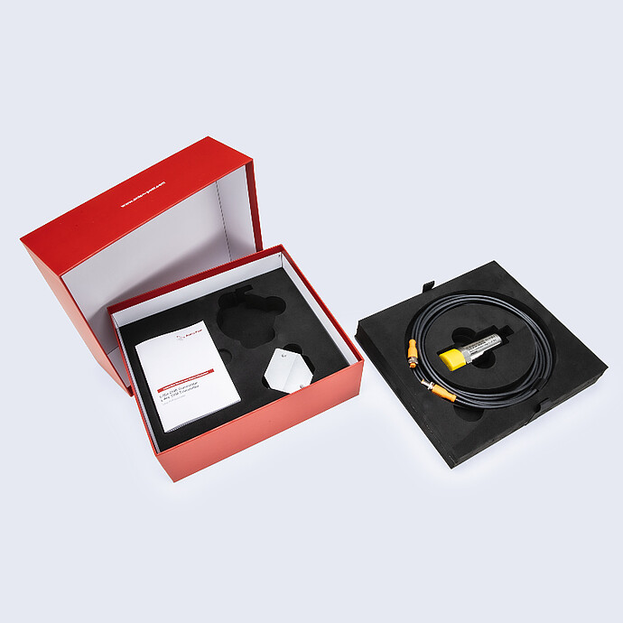 Unpacked Anton Paar L-Rix 2100 inline refractometer sensor with cable, user manual, and accessories in a red transport box.