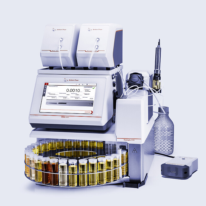 Anton Paar DMA 5002 with Xsample 5100, Alcolyzer 3001, Haze 3001, sample carousel, and Enzymatic Reader digital ethanol meter.