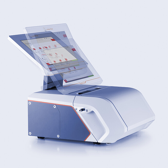 Anton Paar Lyza 7000 FTIR spectrometer with its integrated touchscreen shown in several tilt positions on a light gray background.