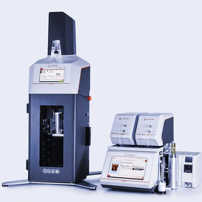 Anton Paar TPO 5000 with integrated touchscreen and sample chamber beside DMA 4500 M with Xsample 520 modules and filling unit for RTD measurement