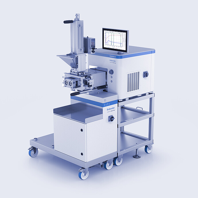 Brabender MetaStation 4E modular torque rheometer with vertical feed attachment, graph display, and wheeled laboratory stand.