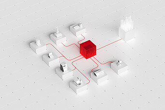 AP Connect shown as a red central cube linking multiple stylized Anton Paar instruments on a white grid