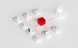 AP Connect shown as a red central cube linking multiple stylized Anton Paar instruments on a white grid