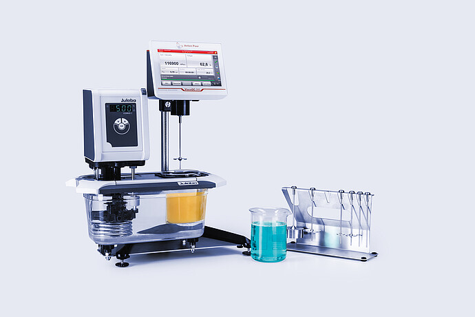 ViscoQC 300 rotational viscometer with Julabo water bath, sample beaker, and spindle set on holder