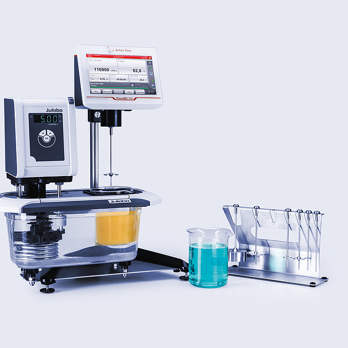 ViscoQC 300 rotational viscometer with Julabo water bath, sample beaker, and spindle set on holder